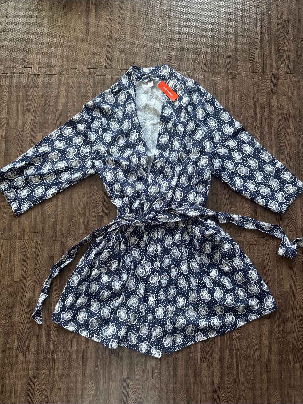 100% Cotton NWT 1x Kimono Navy & White Paisley Short Robe with Tie Comfy